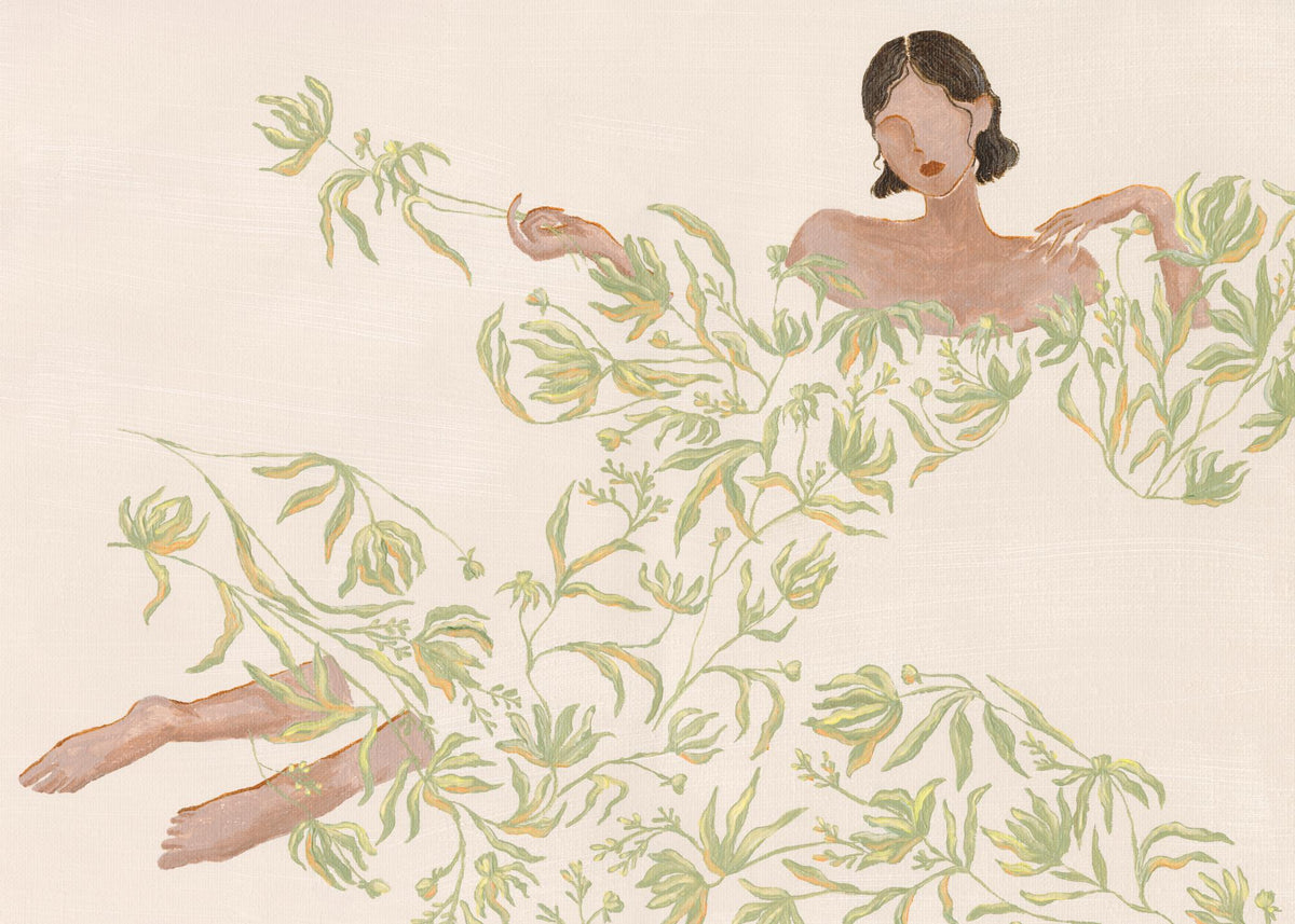 Lady in Green Floral Dress Print